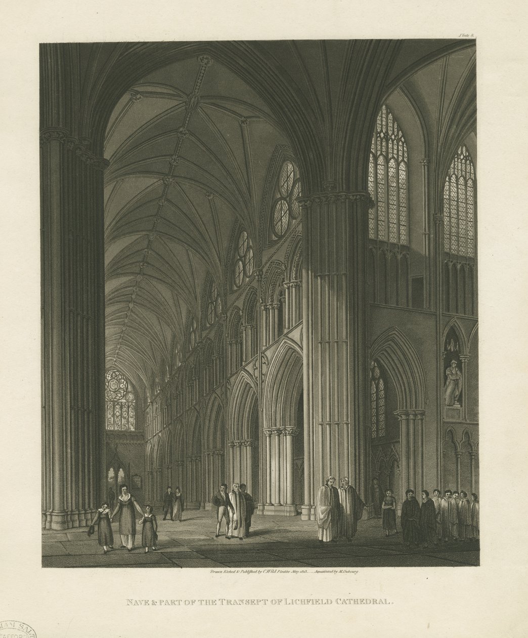 Interiør i Lichfield Cathedral - Nave: akvatintgravering av Charles Wild
