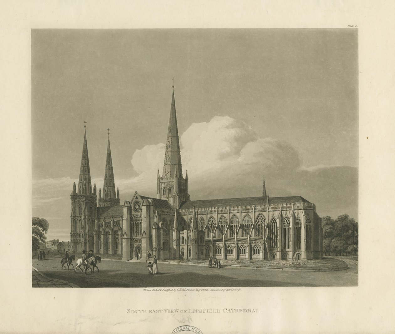 Lichfield Cathedral - South East View: akvatintgravering, 1813 av Charles Wild
