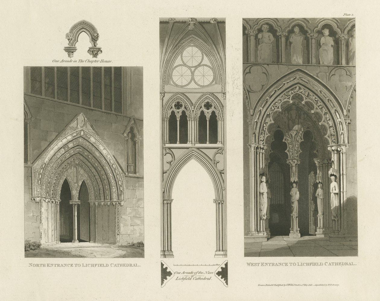 Lichfield Cathedral - West Entrance, North Entrance og Nave: akvatintgravering av Charles Wild