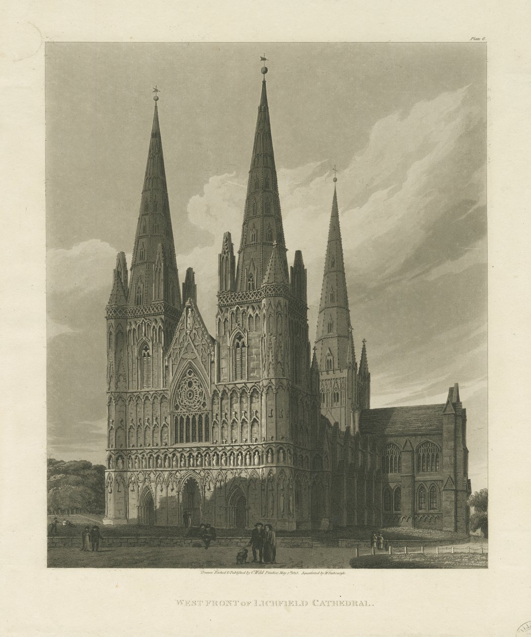 Lichfield Cathedral - West Front: akvatintgravering, 1813 av Charles Wild