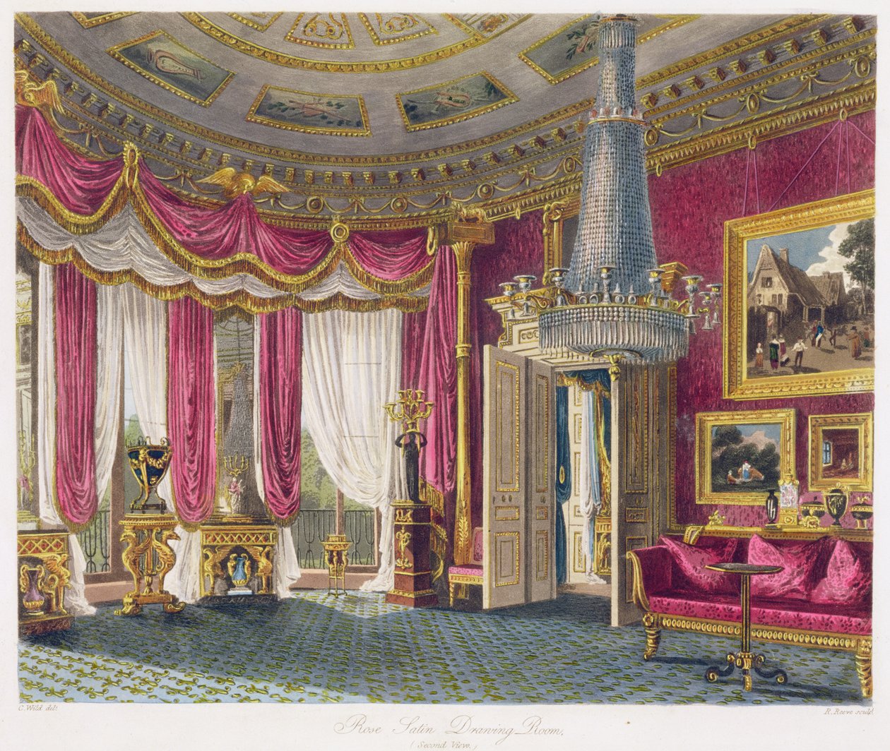 Rose Satin Drawing Room (andre visning) Carlton House, gravert av R. Reeve (fl.1811-37) fra "The History of the Royal Residences" av William Henry Pyne (1769-1843) pub. 1818 av Charles Wild
