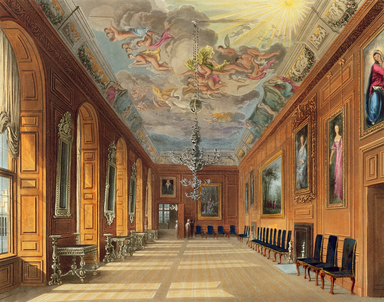 The Ball Room, Windsor Castle, fra 'Royal Residences', gravert av Thomas Sutherland (f.1785), pub. av William Henry Pyne (1769-1843), 1817 (akvatint) av Charles Wild