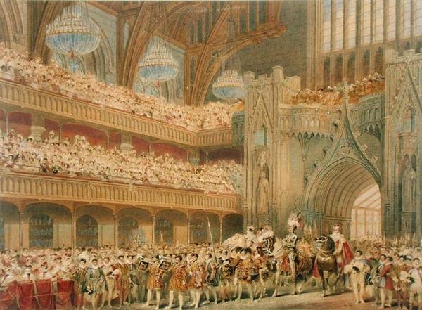 Mesteren av England kommer inn i Westminster Hall (akvarell på papir) av Charles Wild