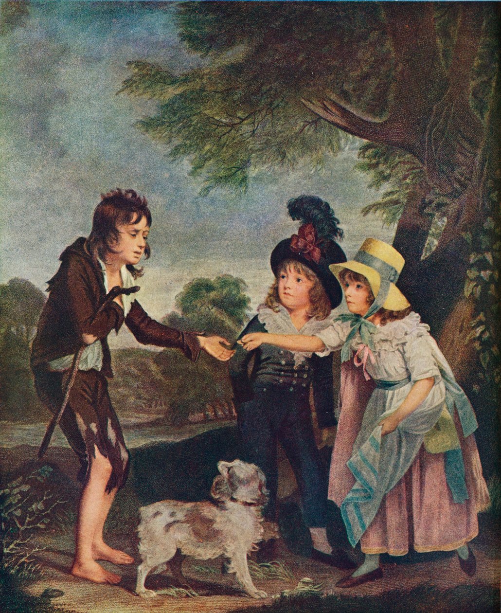 Portrett av Sir Francis Fords barn som gir en mynt til en tiggergutt. Utstilt 1793 1906 av Charles Wilkinson