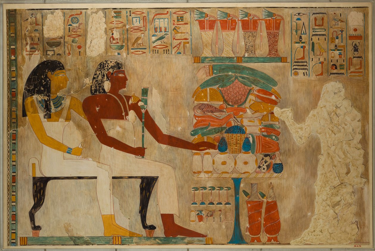 Vizier Rekhmire og hans mor Meryt med matoffer, ca. 1928 (tempera på papir) av Charles Wilkinson