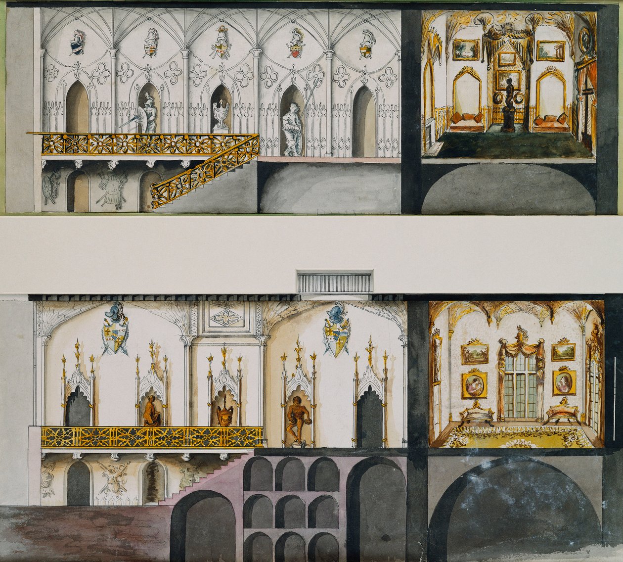 Alternative prosjekter for salen, galleriet og tegningen - Rom på Charleville Castle: Seksjoner (penn og blekk og w/c på papir) av Charles William Bury