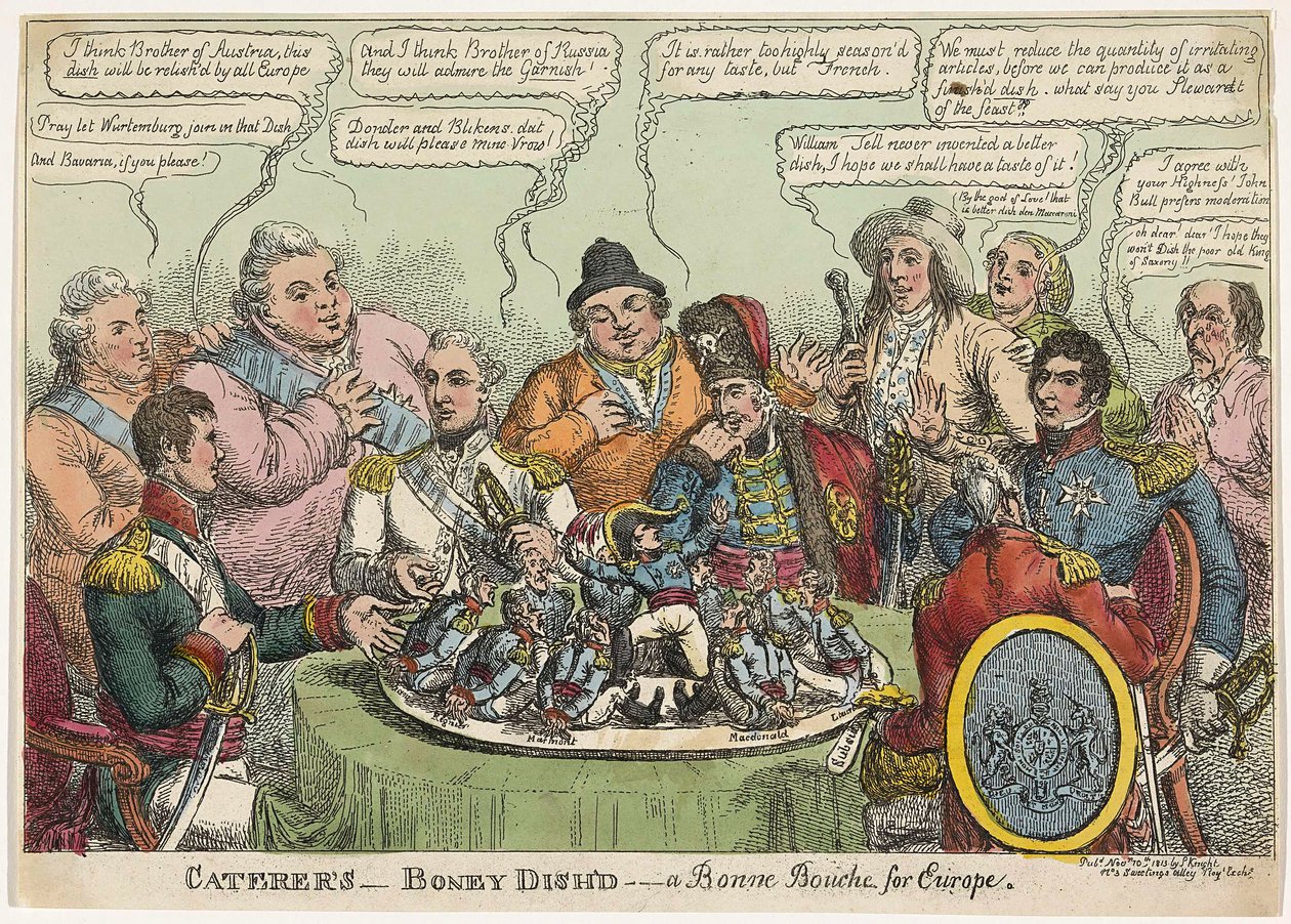 Catering- Boney Dishd- en Bonne Bouche for Europa, pub. 1813 (håndfarget gravering) av Charles Williams