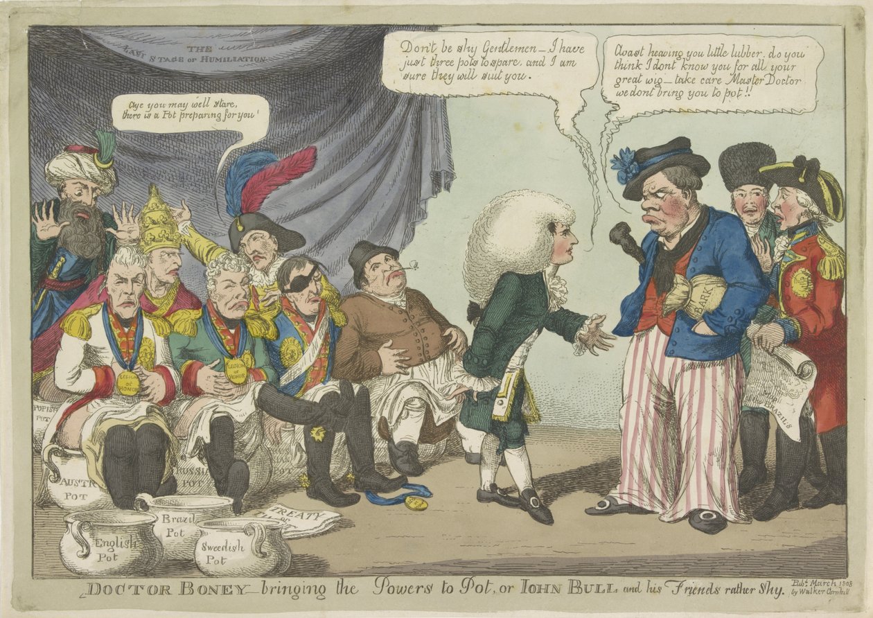 Dokter Napoleon zet de europeiske vorsten i potten, 1808 Doktor Boney - bringer kreftene til potten, eller John Bull og vennene hans ganske sjenerte (tittel på objekt) av Charles Williams