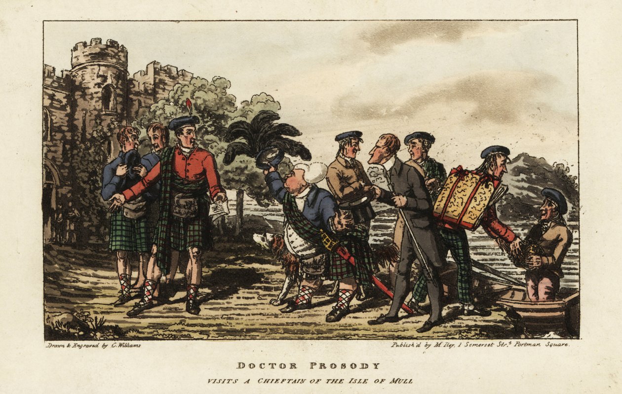 Engelsk turist i en tartan-kilt som møter en klanhøvding utenfor et middelalderslott på Isle of Mull, Indre Hebridene, Skottland av Charles Williams