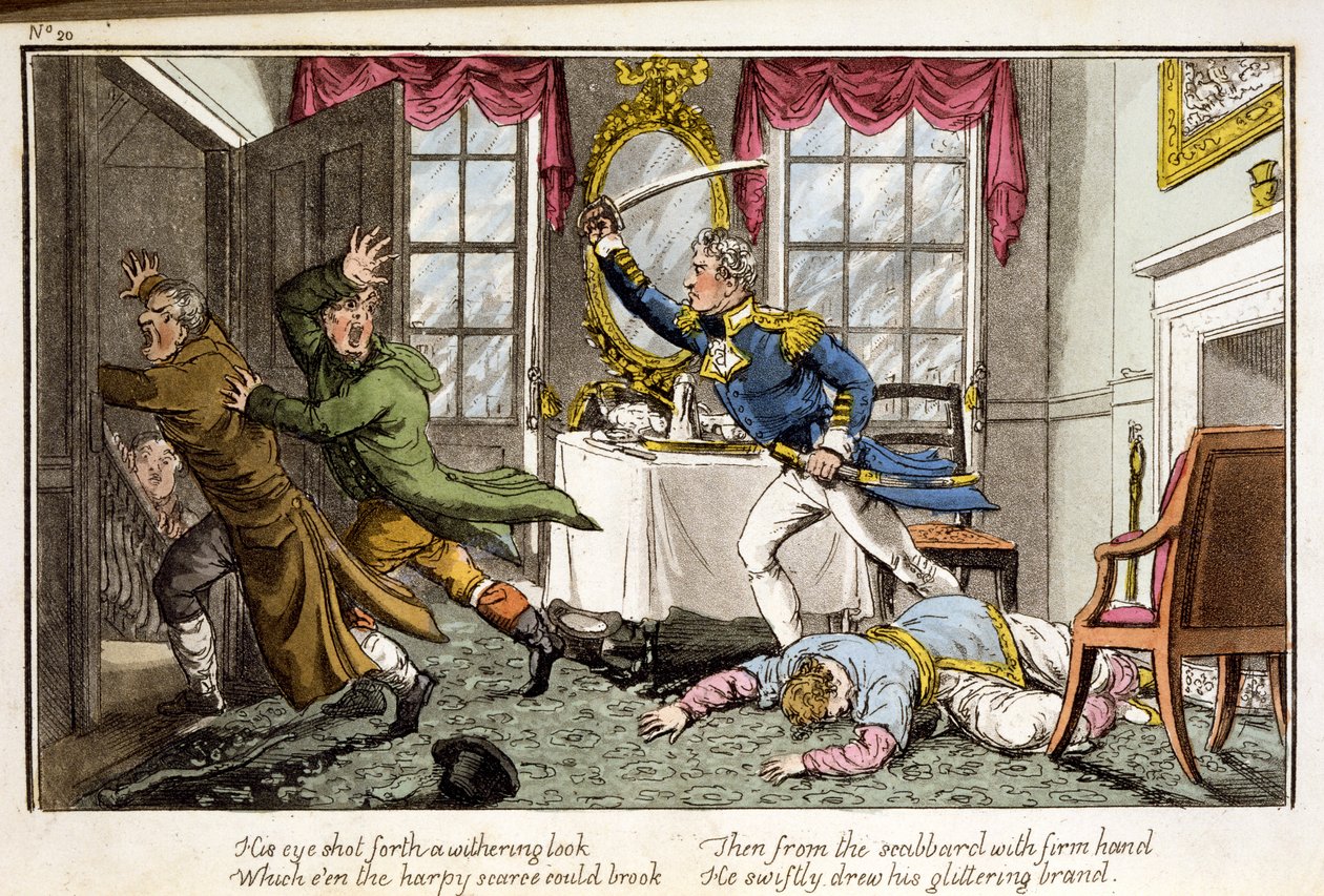 Øyet hans ga et visnende blikk ... fra The Adventures of a Post Captain, av en sjøoffiser, pub. 1820 (håndfarget akvatint) av Charles Williams