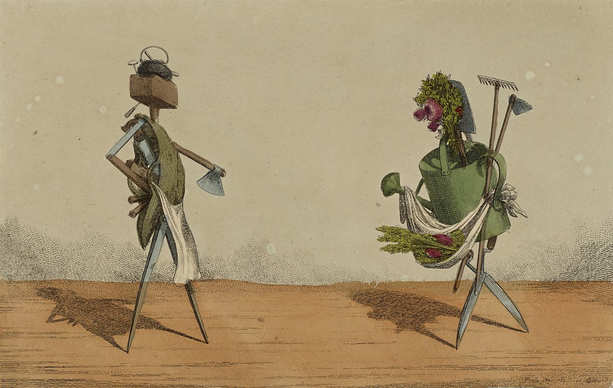 Animerte redskaper, plate 2, dedikert til snekkere og gartnere i Storbritannia, ca. 1811 (håndfarget etsning) av Charles Williams