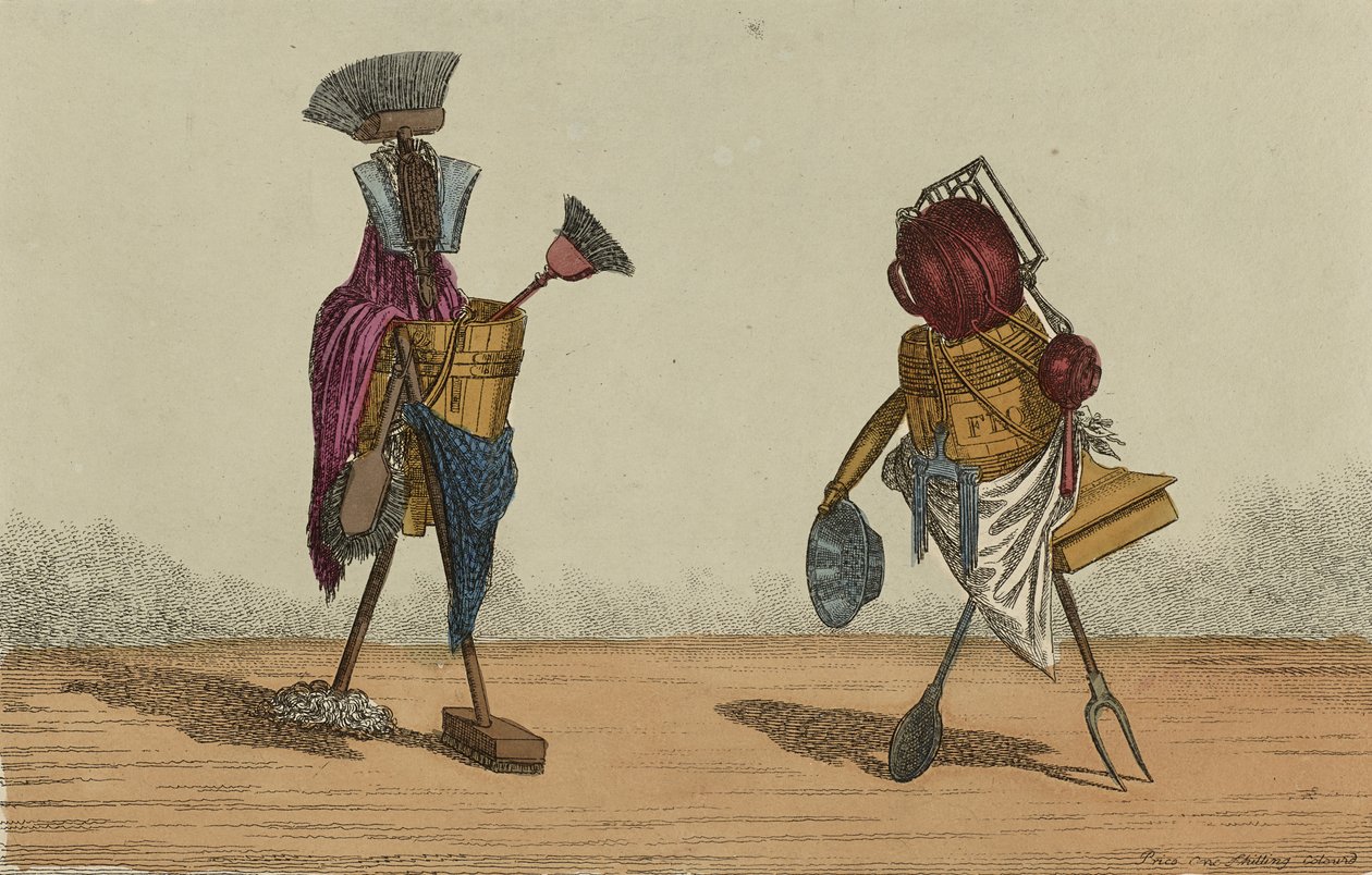 Implements Animated, Plate 2, Dedikert til Housemaids and Cooks of the United Kingdoms, september 1811 (håndfarget etsning) av Charles Williams