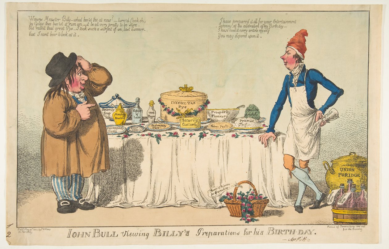John Bull ser på Billys forberedelser til fødselsdagen hans, 18. mai 1802. av Charles Williams
