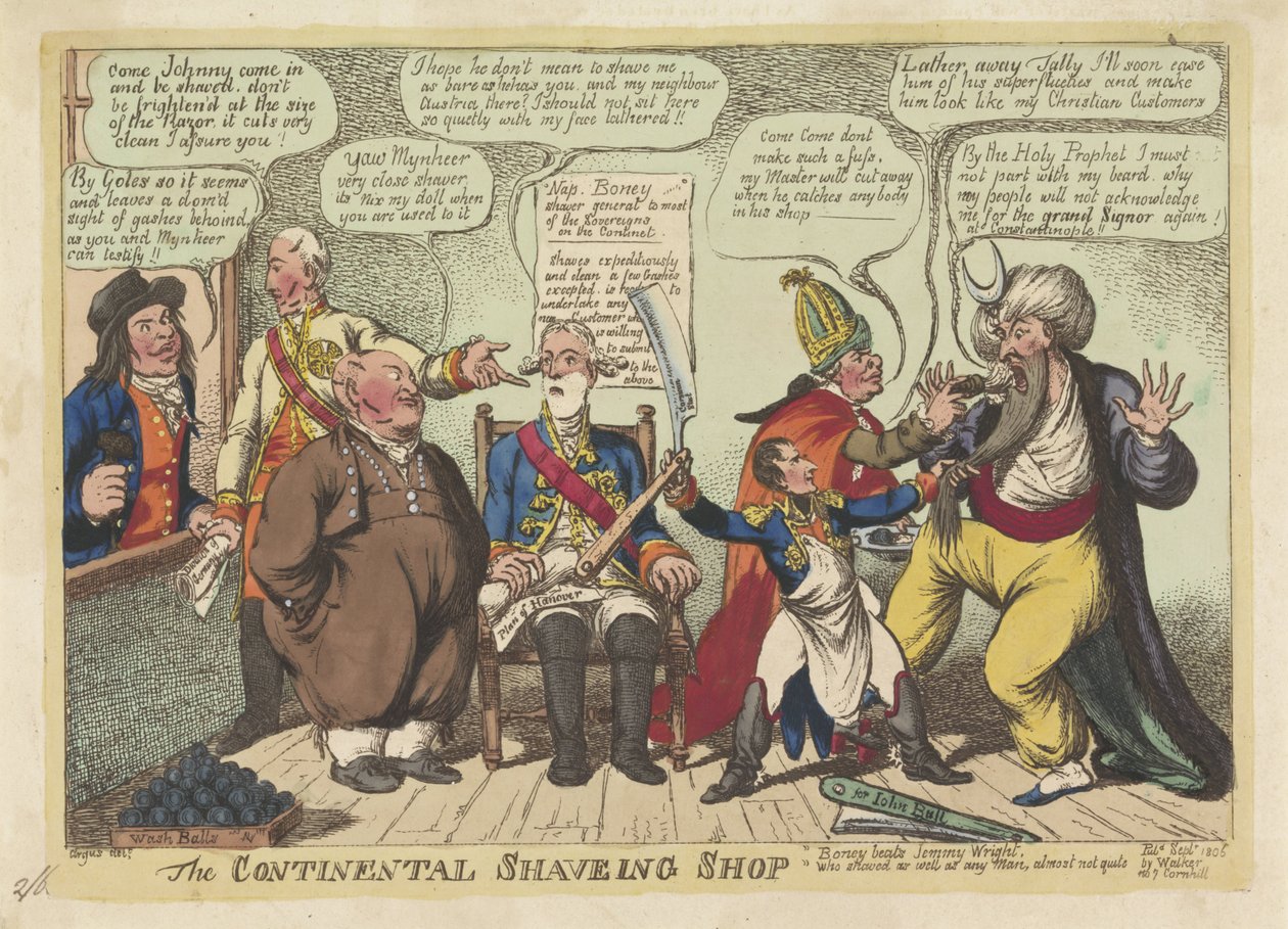 Napoleon som barberer for europeiske makter, 1806 The Continental Shaving Shop (tittel på objekt) av Charles Williams