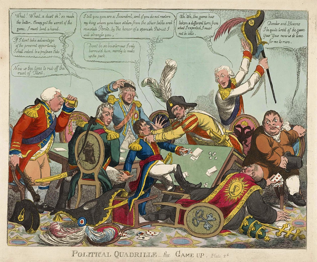Political Quadrille -- Game Up, pub. 1806 (håndfarget gravering) av Charles Williams