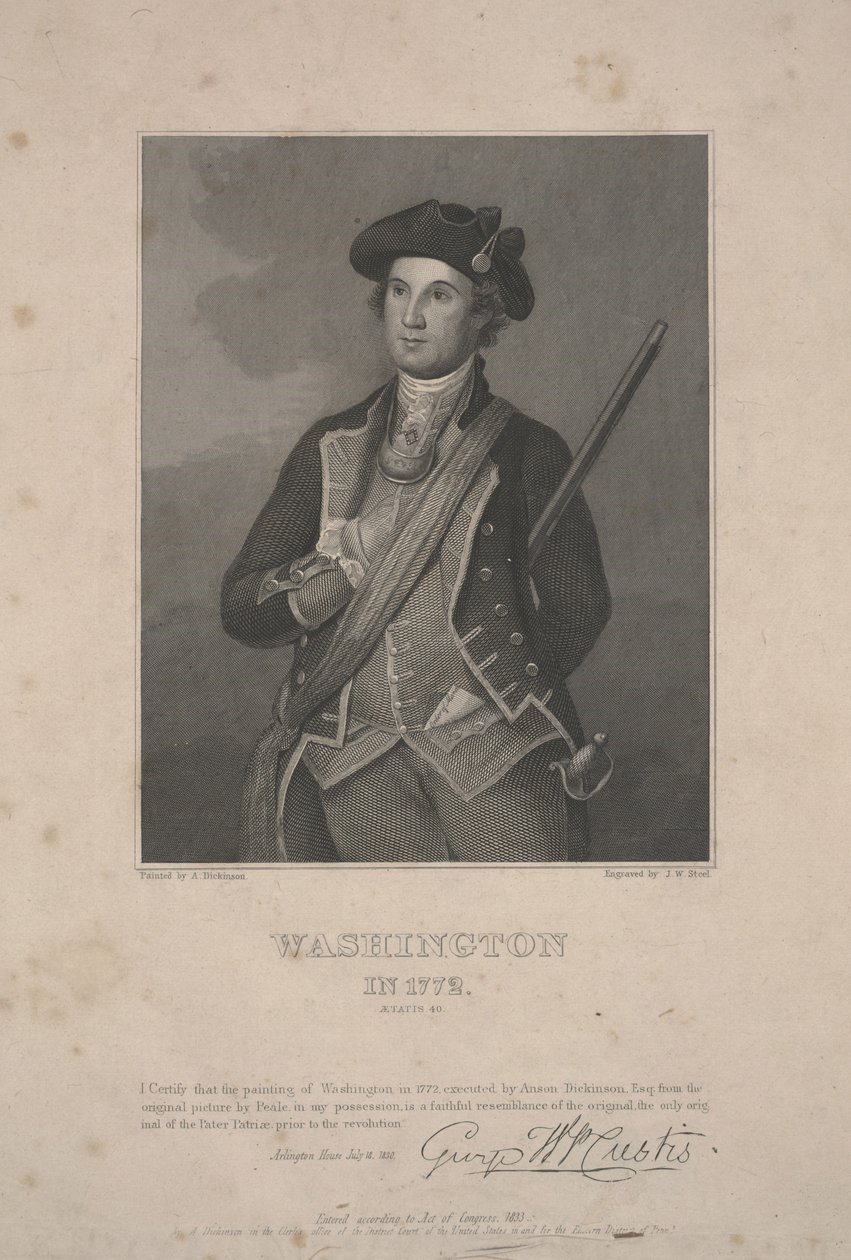 Washington i 1772, tegnet av Anson Dickinson c.1833 (stålgravering) av Charles Willson (after) Peale