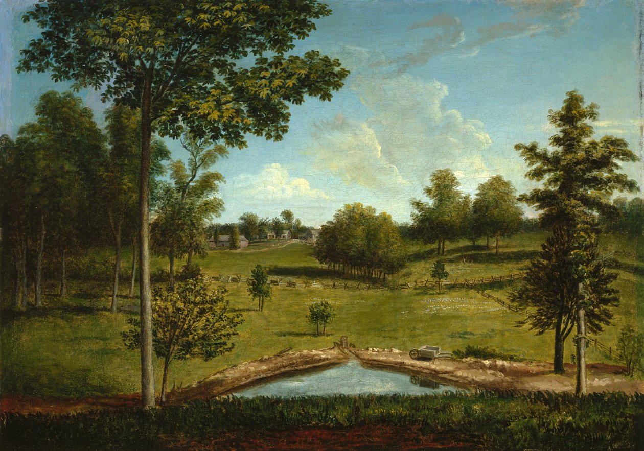 Landskap med utsikt mot Sellers Hall fra Mill Bank, ca. 1818 av Charles Willson Peale