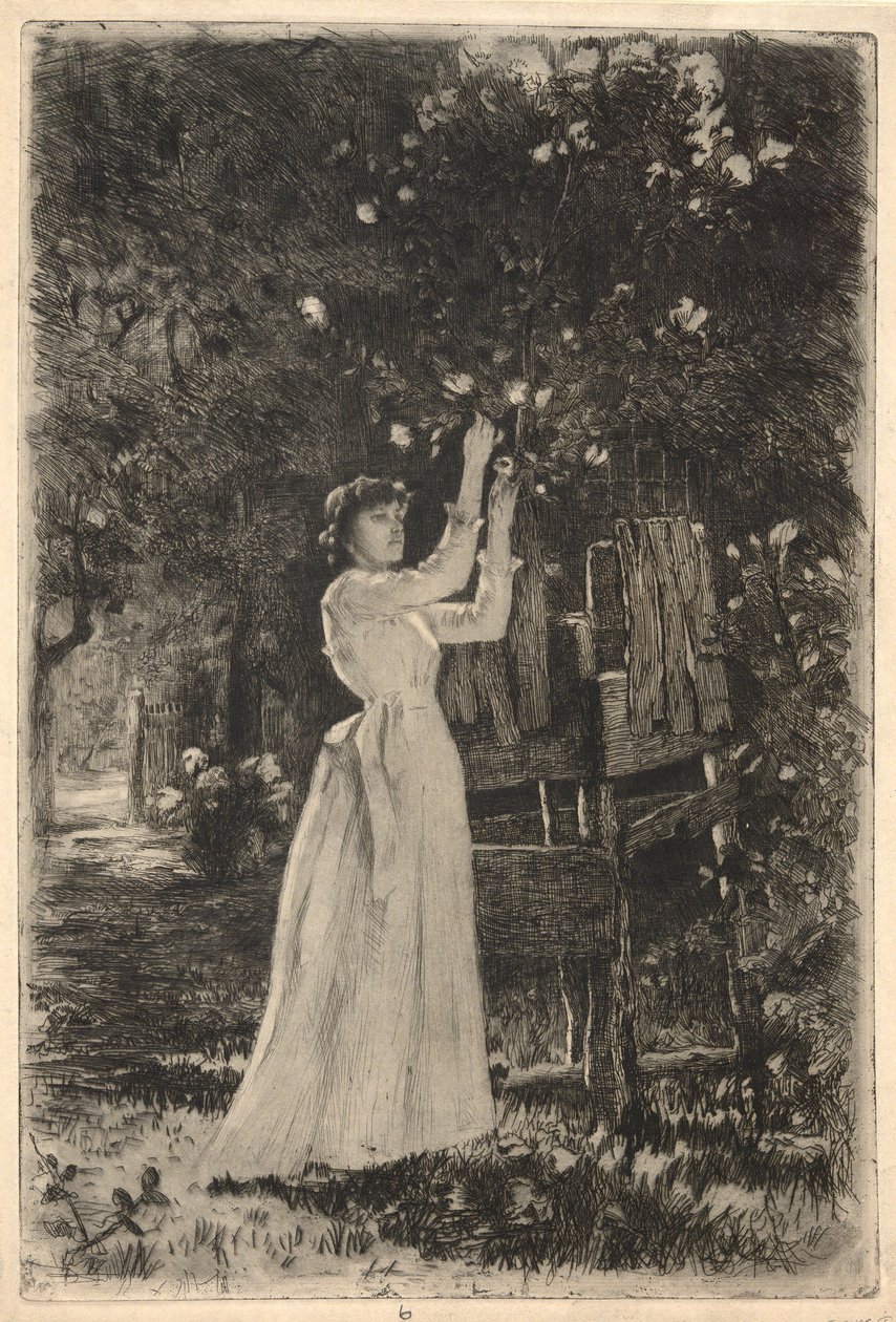 En ung kvinne plukker blomster fra et tre av Charles Yardley Turner
