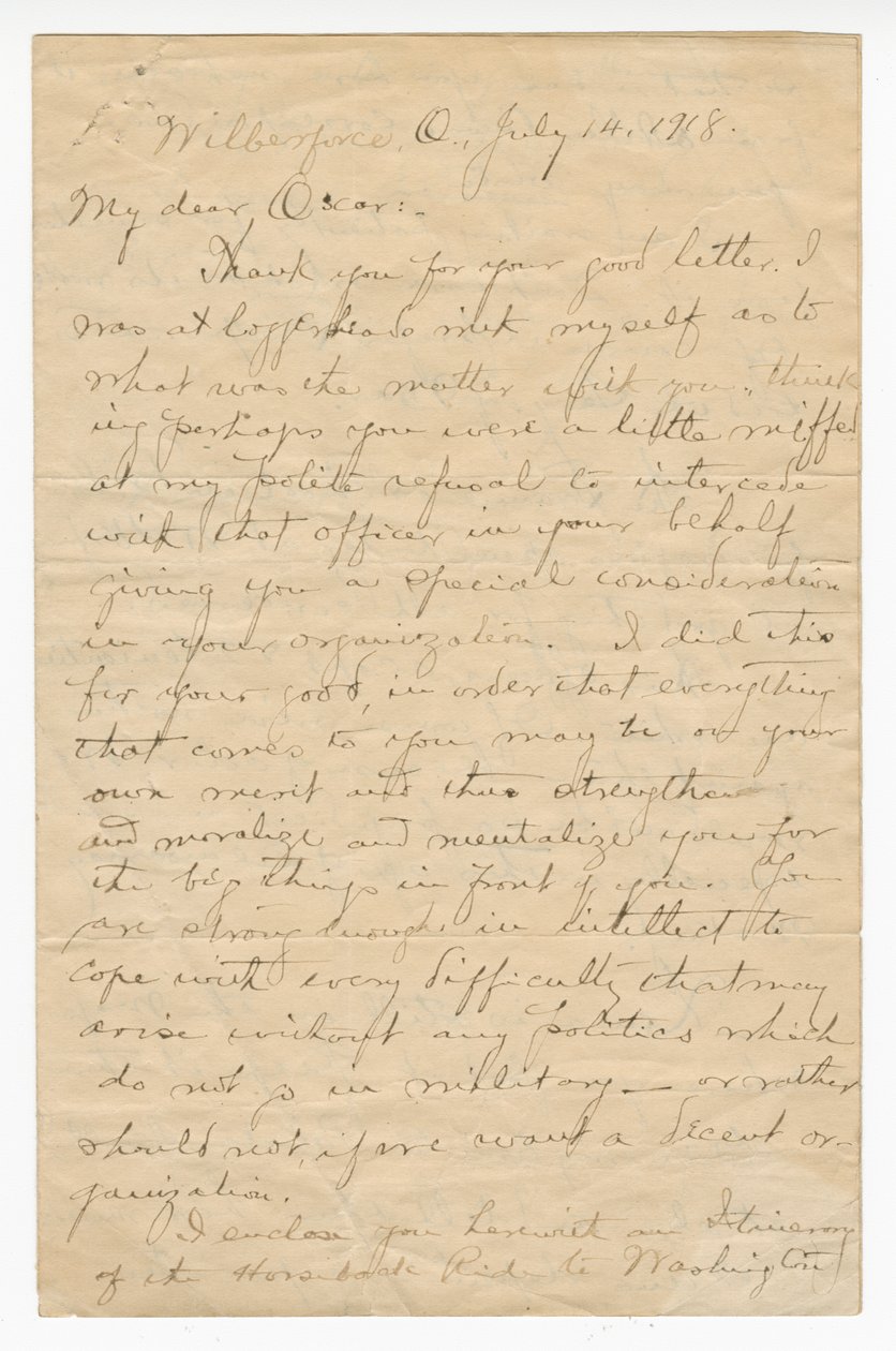 Brev til Oscar W. Price fra oberst Charles Young, 14. juli 1918. av Charles Young