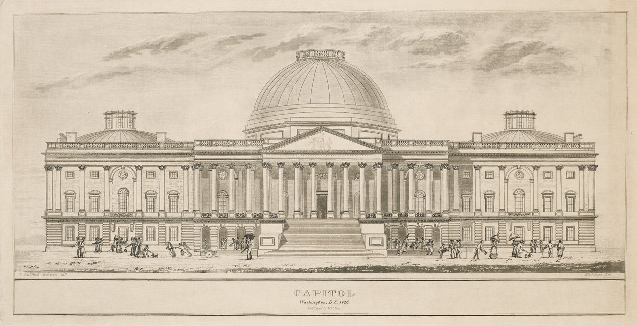 Capitol, Washington, D.C., gravert av Henry og James Stone (blomstret 1822-1849), 1826 (akvatint og linjegravering på papir) av Charles after Bulfinch