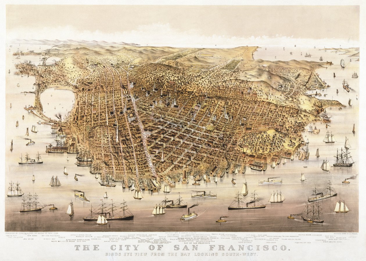The City of San Francisco, fugleperspektiv fra bukten ser sør-vest, utgitt av Currier & Ives av Charles Richard Parsons