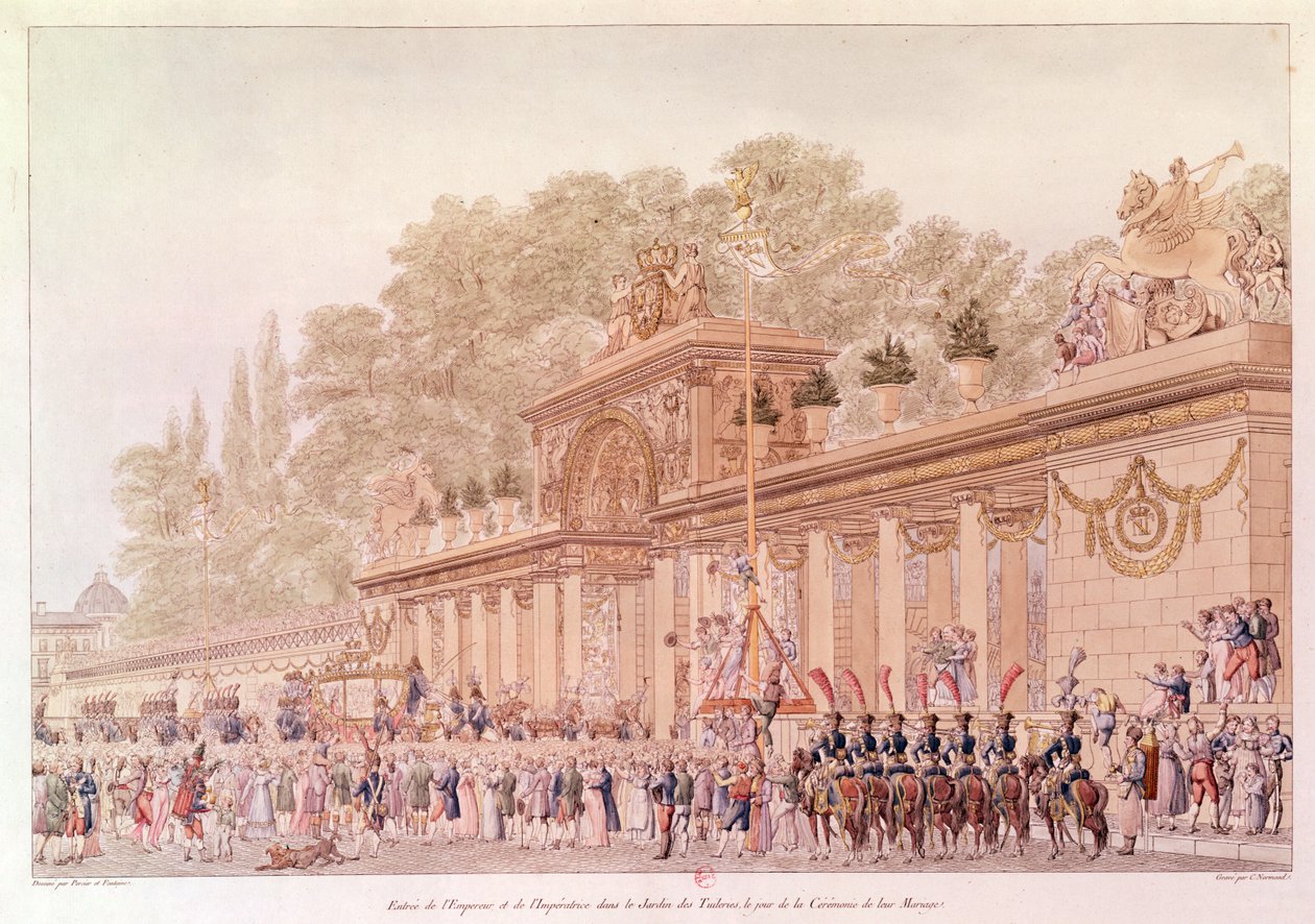Keiserens og keiserinnens inntreden i Tuileries-hagene på bryllupsdagen deres (fargegravering) av Charles and Fontaine Percier