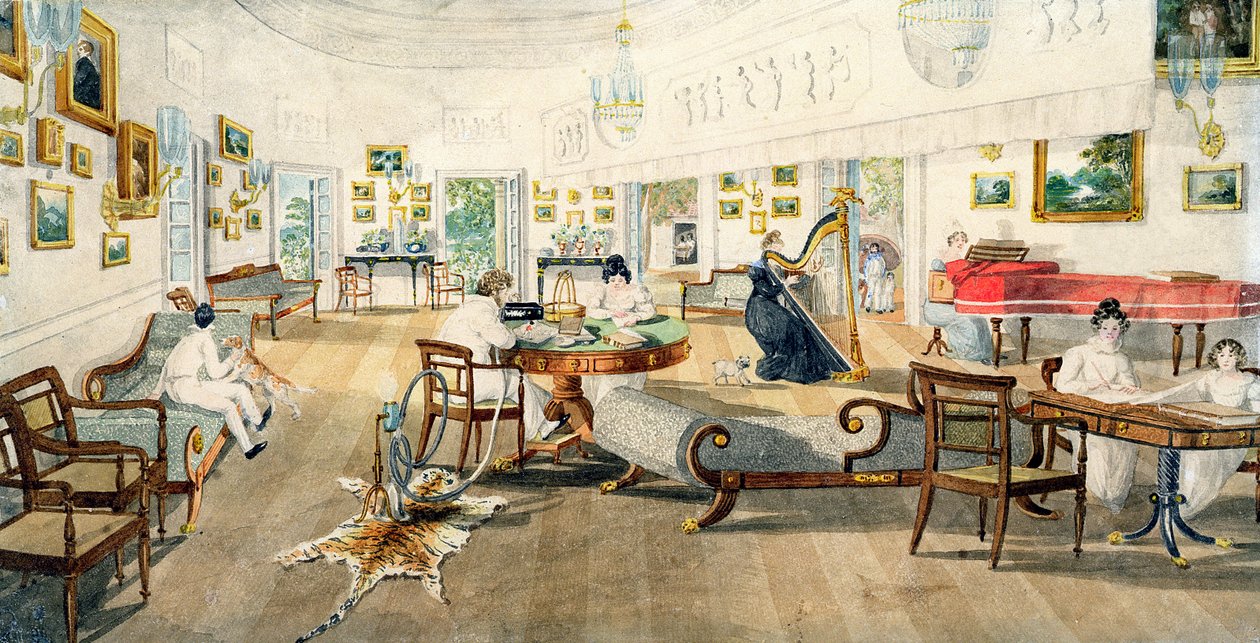 Sommerrommet i kunstnerens hus i Patna, India, 11. september 1824 (wc over grafitt på vevd papir) av Charles d Oyly