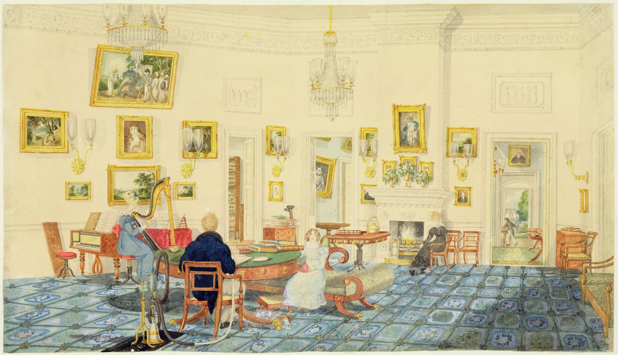 Vinterrommet i kunstnerens hus i Patna, India, 11. september 1824 (wc, gouache og blekk over grafittvevd papir) av Charles d Oyly