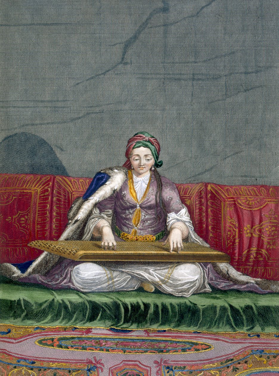 Tyrkisk jente som spiller et tastaturplukkeinstrument, pub. 1707-08. av Charles de Ferriol