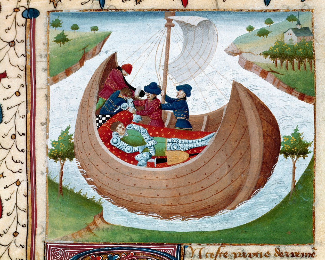 Begravelse til sjøs Miniatyr hentet fra "" Romanesque du Chevalier Tristan"" av Master Charles of Maine 1440-1460. Chantilly, musee Conde - Sea Burial of a Knight of the Round Table - Miniatyr fra Roman du Chevalier Tristan, av Mester Charles av Main av Charles du Maine Master