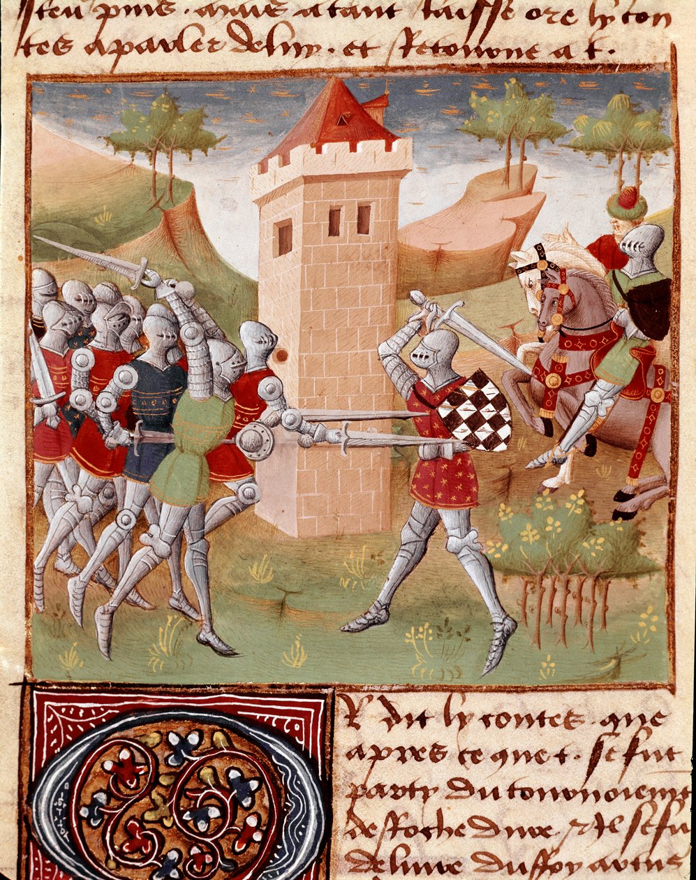 Lancelot du Lac fighting knights Miniatyr hentet fra "" Roman du Chevalier Tristan"" av Master Charles de Maine (Beroul-versjon). 1440-1460. Chantilly, Condé-museet av Charles du Maine Master
