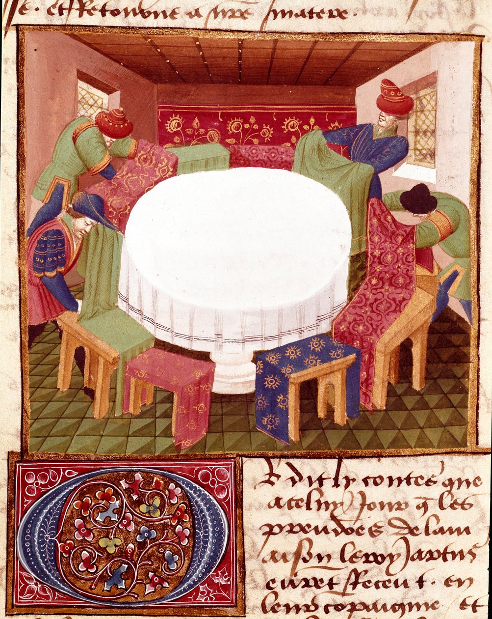 Forberedelser til det runde bordet ved ankomsten til miniatyrridderne hentet fra "" Romanesque du Chevalier Tristan"" av Master Charles de Maine (Beroul-versjon). 1440-1460. Chantilly, Conde-museet av Charles du Maine Master