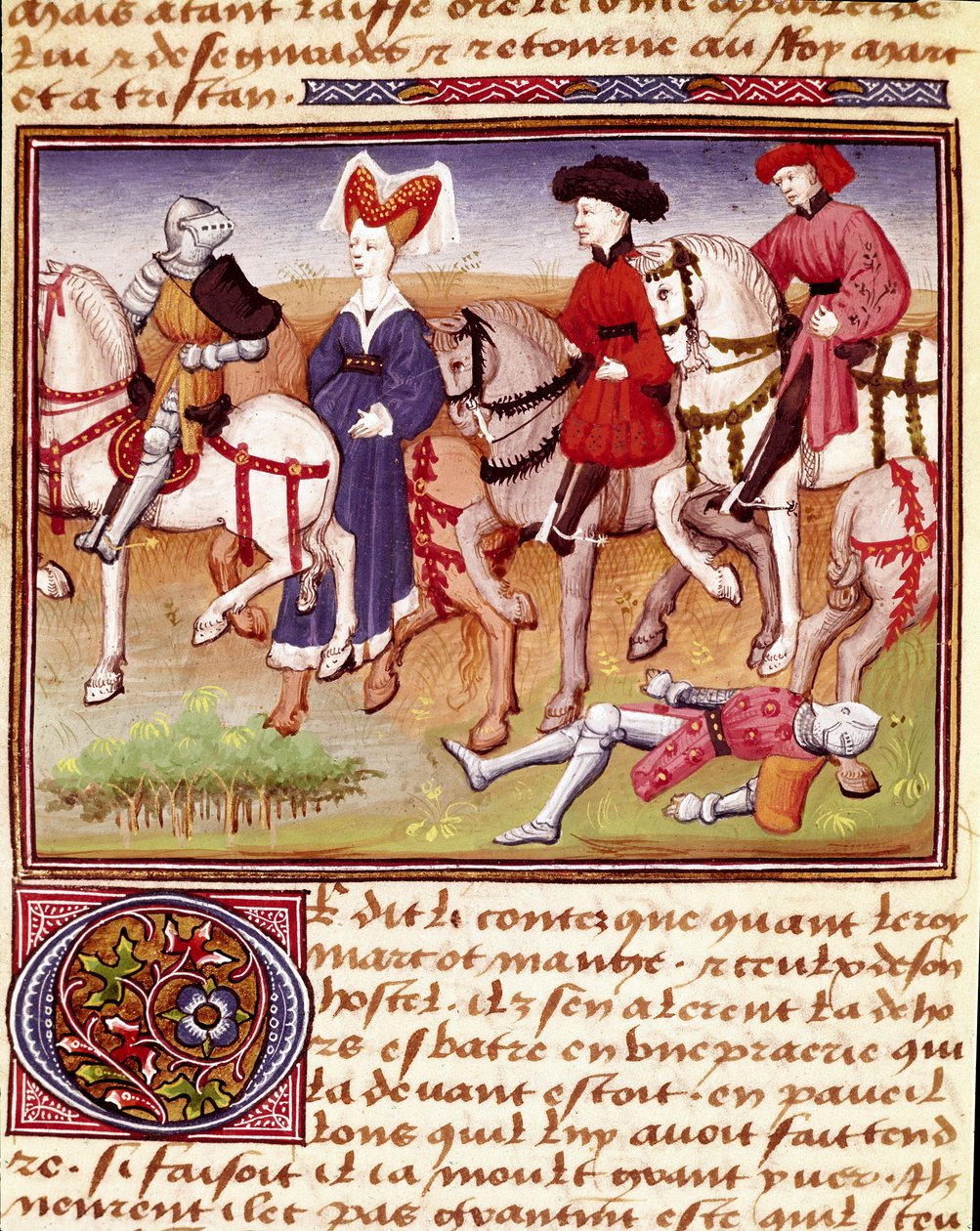 Dronning Iseult (eller Iseult) er en hest akkompagnert av miniatyrryttere hentet fra "" Romanesque du Chevalier Tristan"" av mester Charles av Maine 1440-1460. Chantilly, Conde-museet av Charles du Maine Master