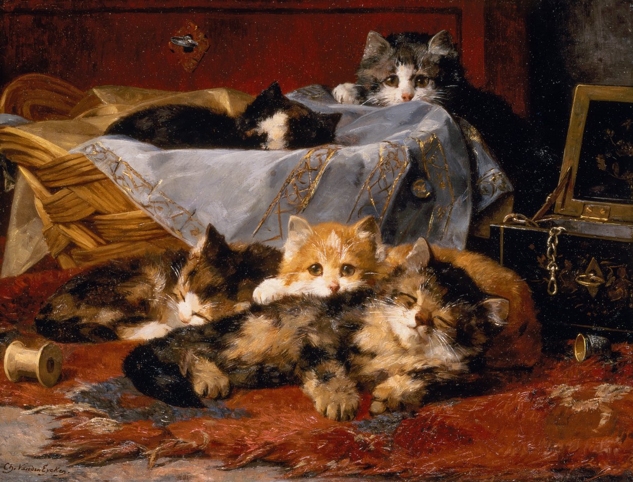 Kattunger ved en sykurv (olje på lerret) av Charles van den Eycken