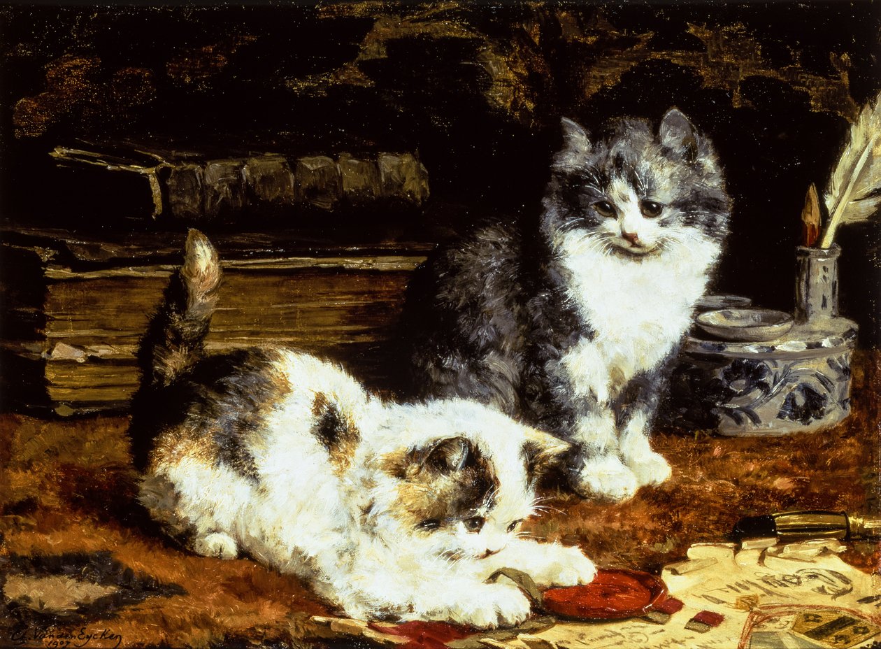 To kattunger som leker på et skrivebord av Charles van den Eycken