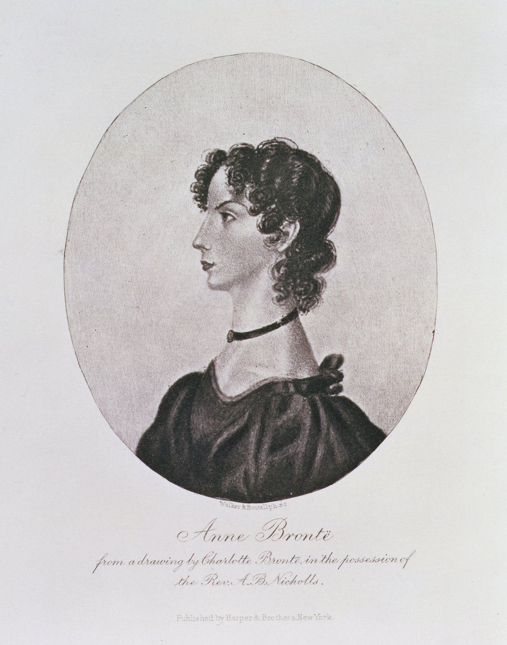 Portrett av Anne Bronte (1820-49) fra en tegning i besittelse av pastor A.B. Nicholls, gravert av Walker og Boutall av Charlotte Bronte