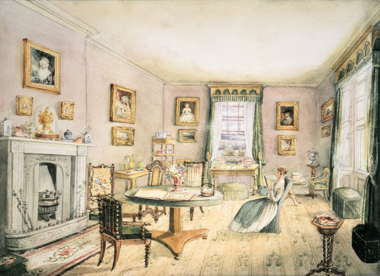 The Drawing Room, East Wood, Hay, f54 fra et album med interiør, 1843 av Charlotte Bosanquet