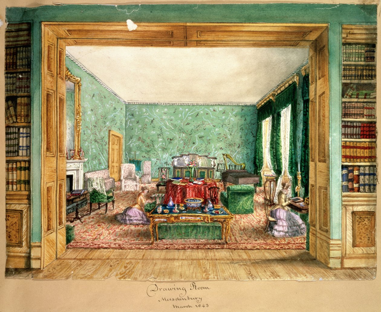 The Drawing Room at Meesdenbury, f13 fra An Album of Interiors, 1843 (wc på papir) av Charlotte Bosanquet