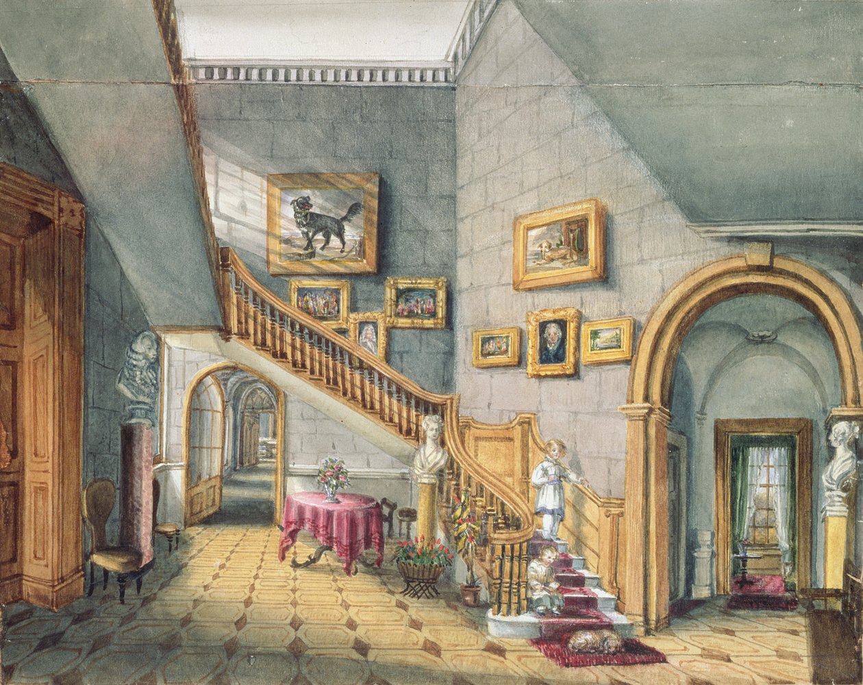 The Staircase, Strood Park, f26 fra An Album of Interiors, 1843 av Charlotte Bosanquet
