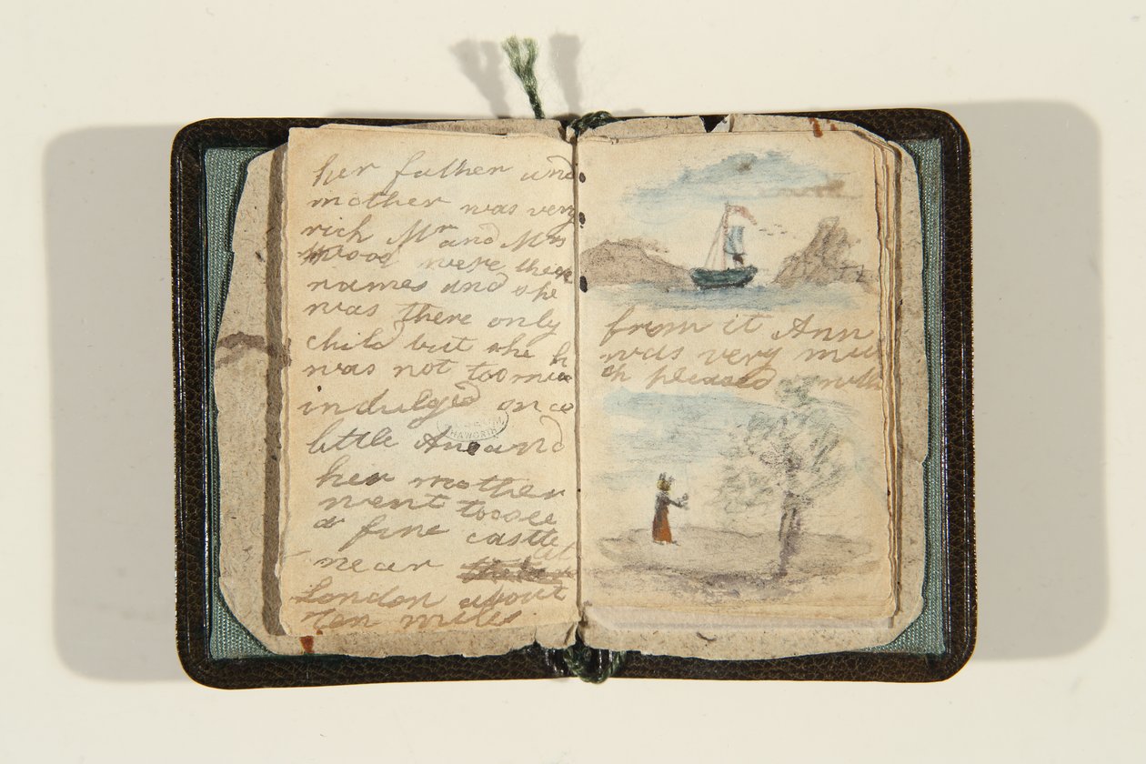 Historiens begynnelse «Det var en gang en liten jente og hette Ane, ca. 1828 (penn og blekk og akvarell på papir) av Charlotte Bronte