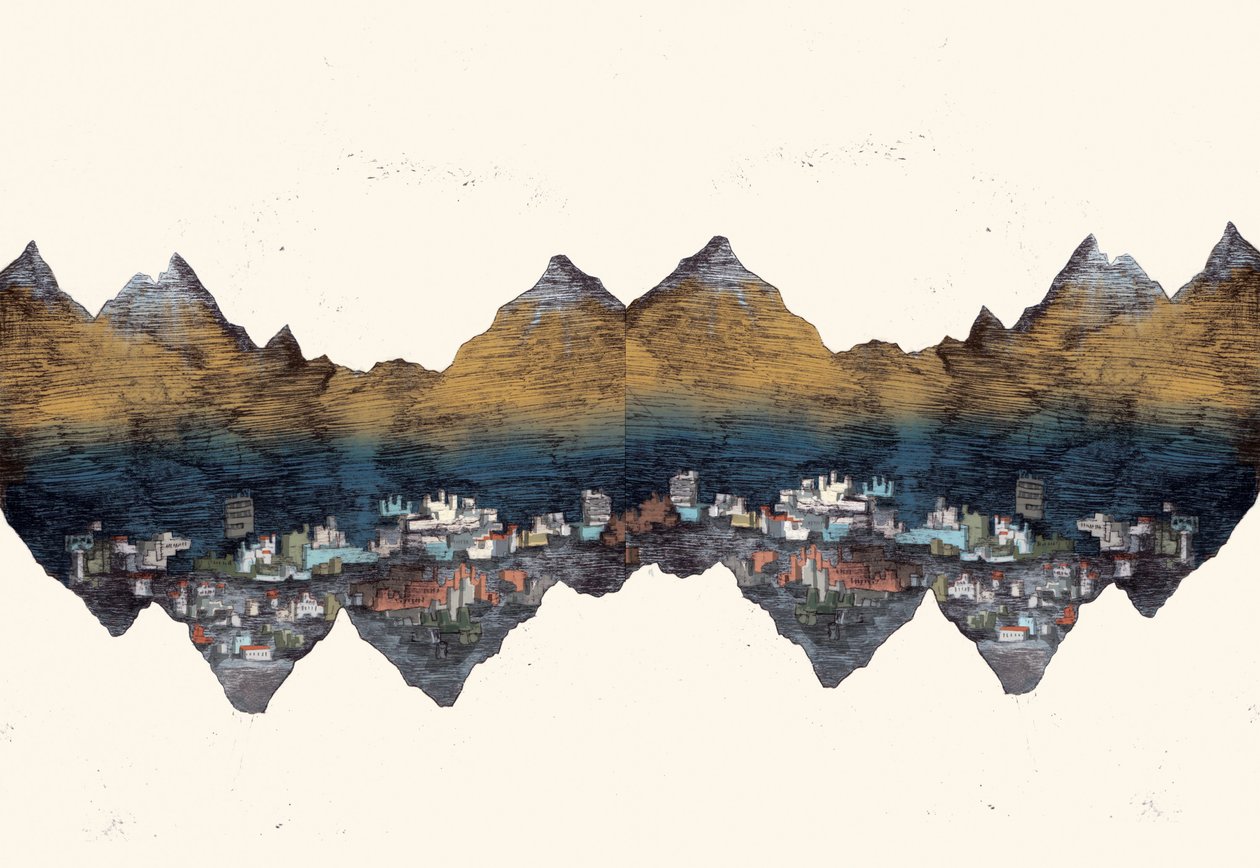 And the Mountains Echoed, 2013 (tørrpunkt-etsing og digital) av Charlotte Orr