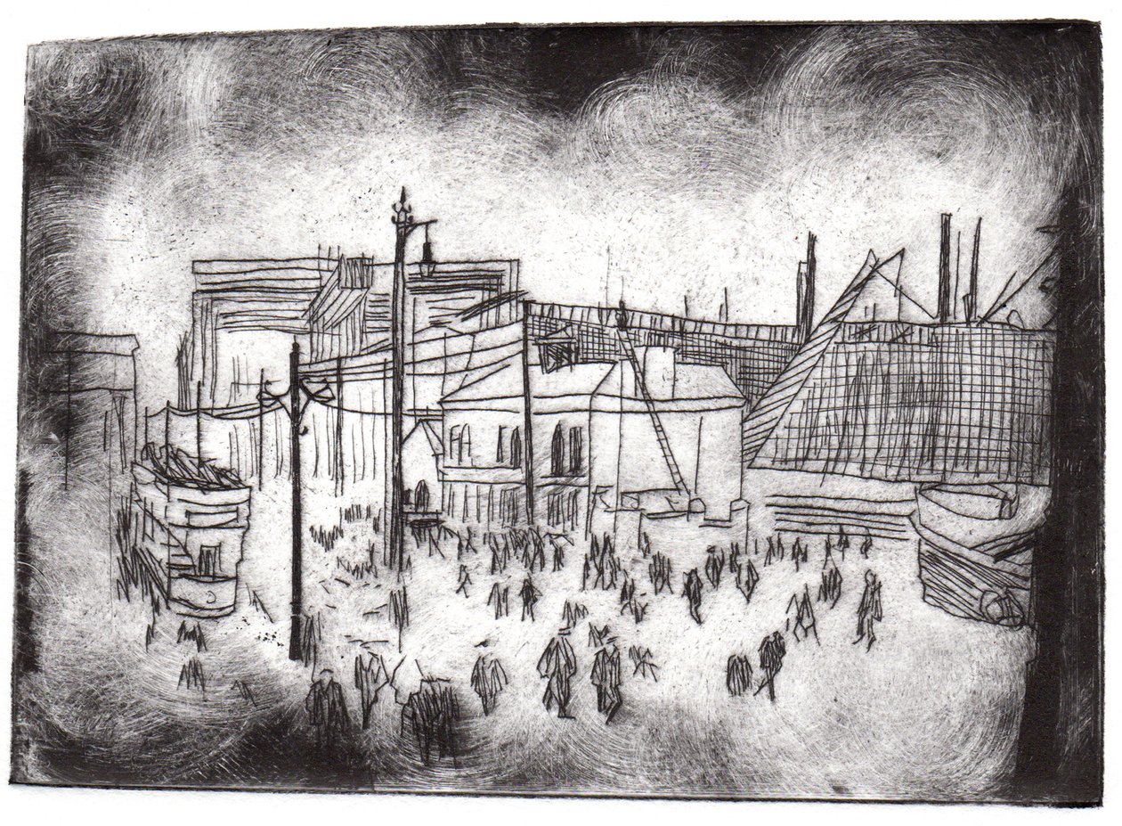 Belfast Docks, 2015 (tørrpunkt-etsing og digital) av Charlotte Orr