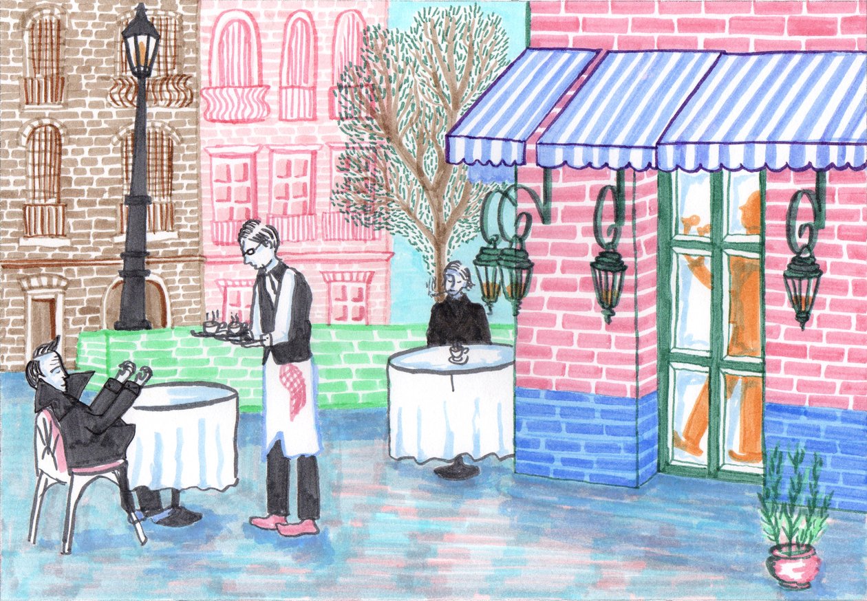 Cafe, 2017 (penselpenner) av Charlotte Orr