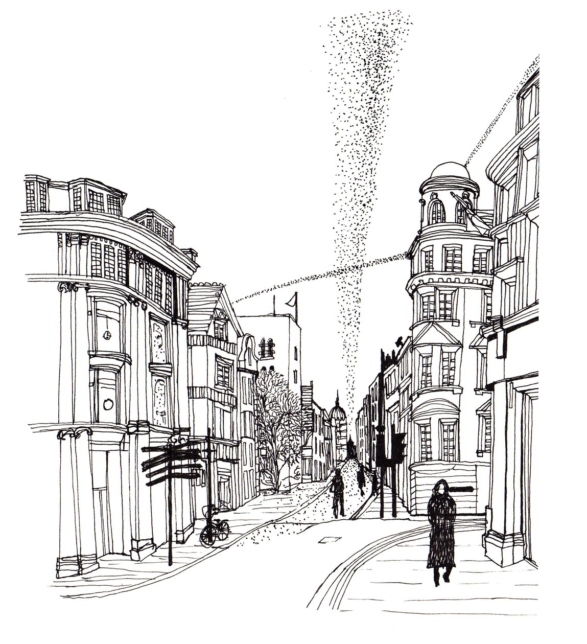 Cornmarket Street, 2019 (penn og blekk) av Charlotte Orr