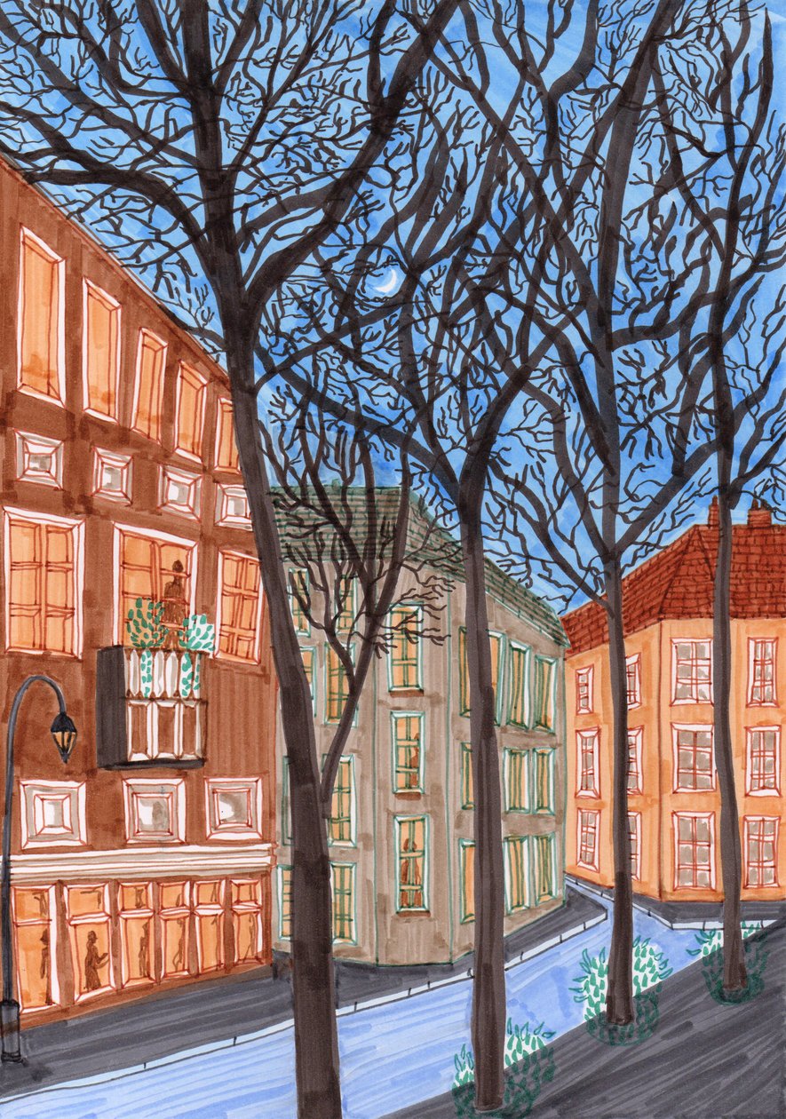 Friedrichshain om natten, 2017 (penselpenner) av Charlotte Orr