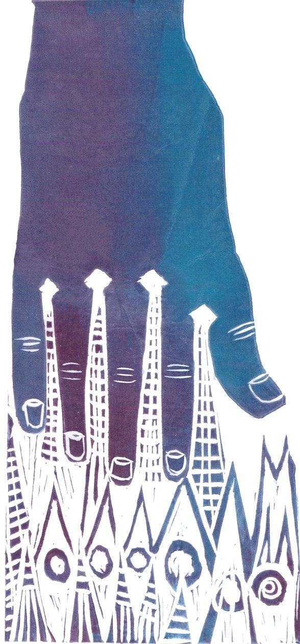 Hånd, 2012 (linosnitt) av Charlotte Orr