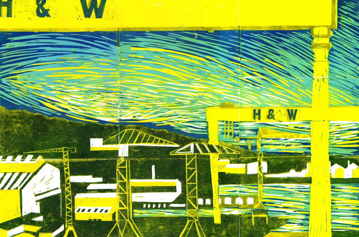 Harland & Wolff Cranes, Belfast, 2022 (linoprint) av Charlotte Orr