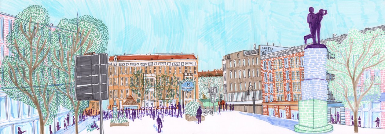 Hermannplatz, 2017 (penselpenner) av Charlotte Orr