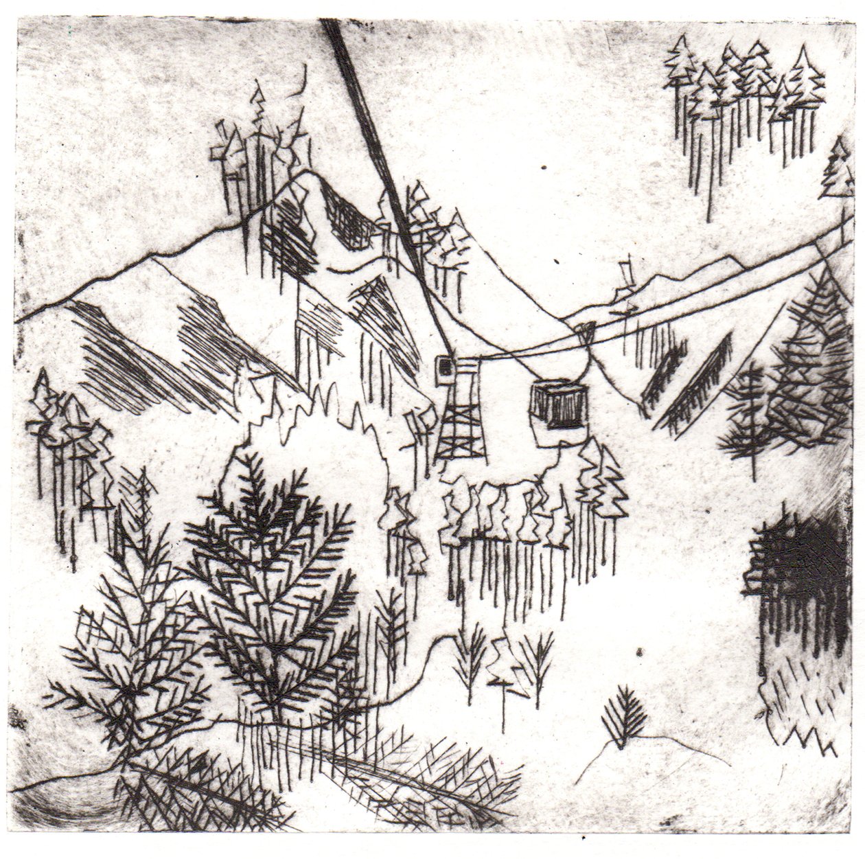 Mayrhofen-fjellene, 2015 (tørrpunkt-etsing og digital) av Charlotte Orr