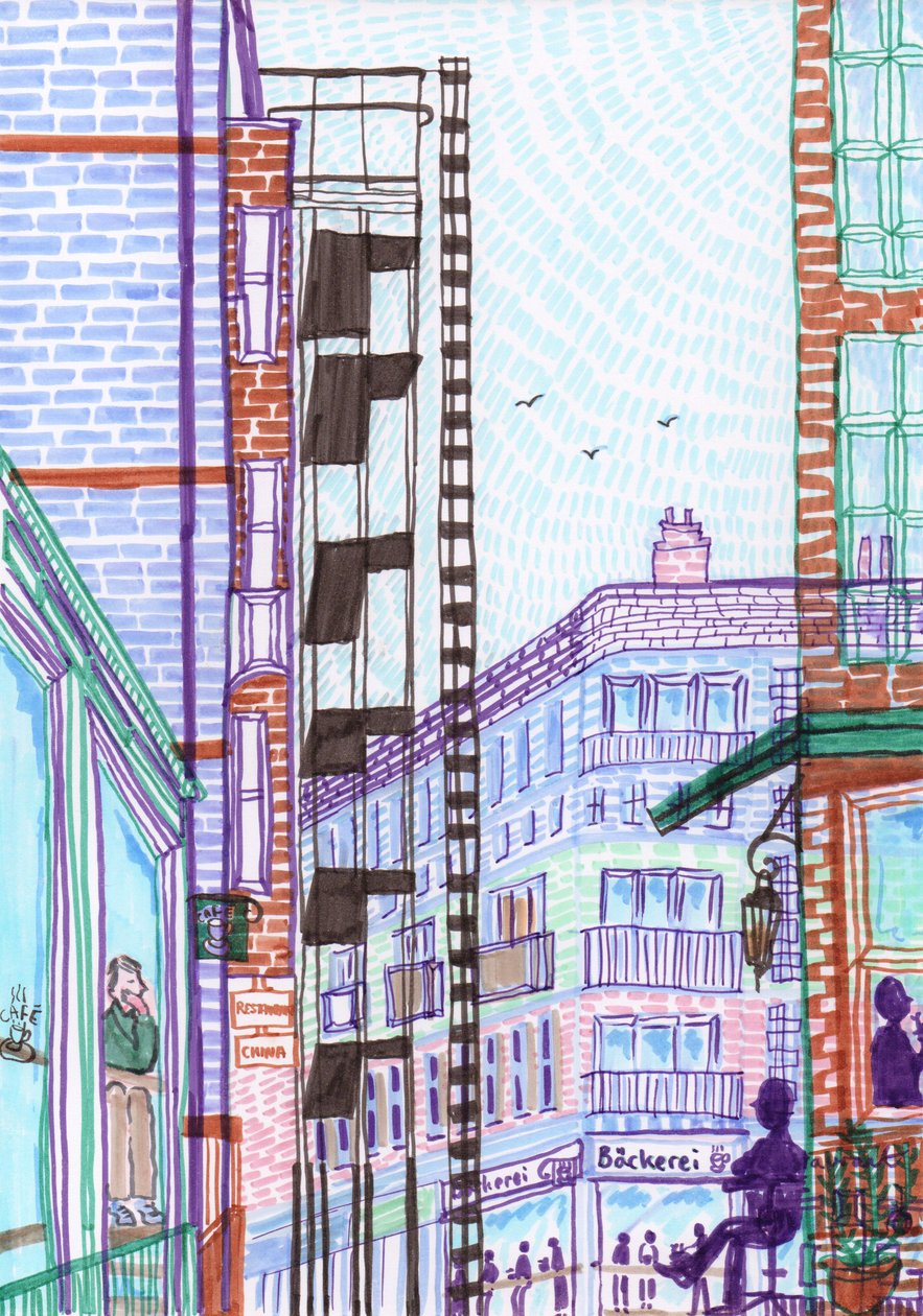 Prenzlauer Berg, 2017 (penselpenner) av Charlotte Orr